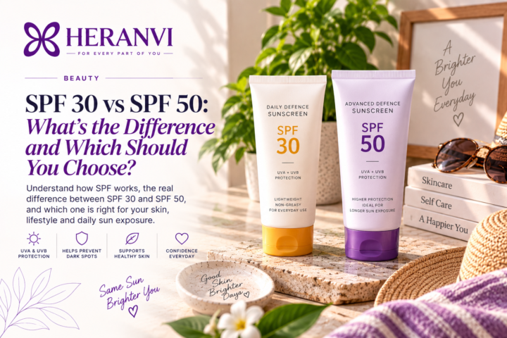 SPF 30 and SPF 50 sunscreen formulas compared side by side